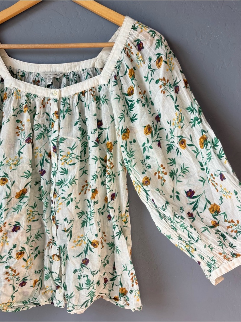 Lucky Brand Floral Button Up Banded Top Womens Medium Relaxed Fit Cotton Boho - Picture 4 of 14